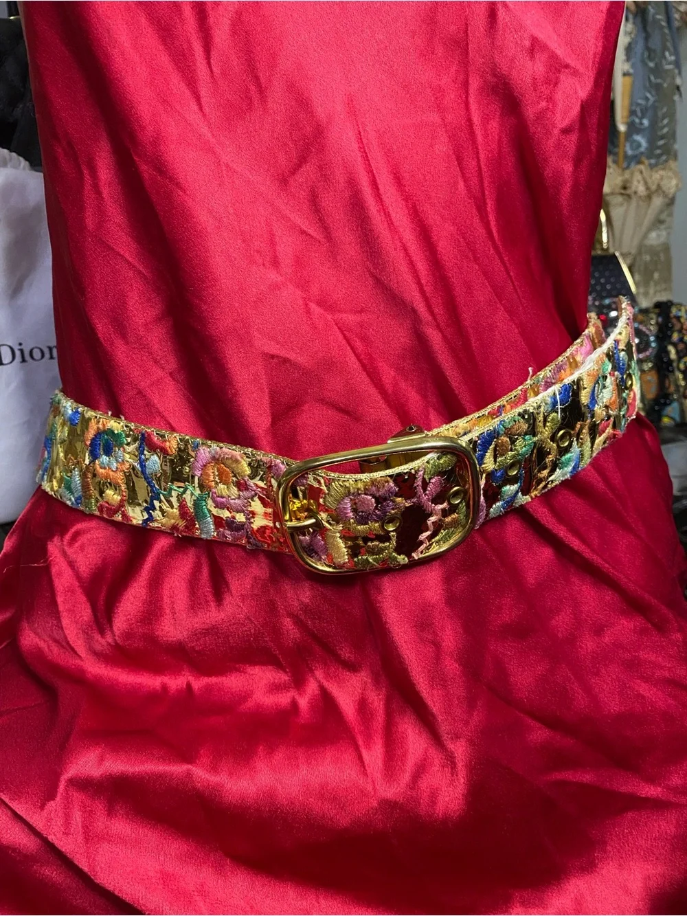 Vintage Gold-Tone Multicolor Embroidered Floral Belt